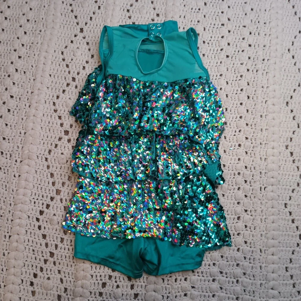 Weissman Dance Costume SC Teal Shimmer Fringe Leotard Recital Competition Sequin